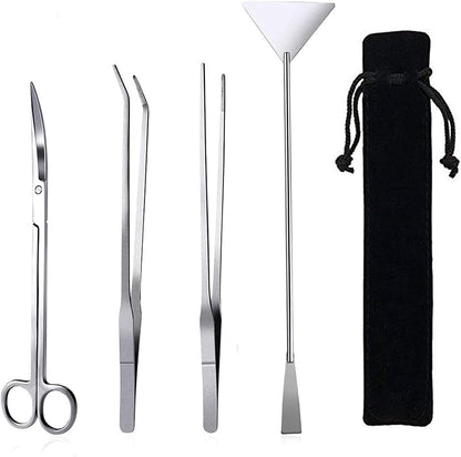 4-in-1 Stainless Steel Aquascaping Tool Set for Aquariums and Terrariums - Includes Long Tweezers, Scissors, and Spatula for Aquatic Plant Care