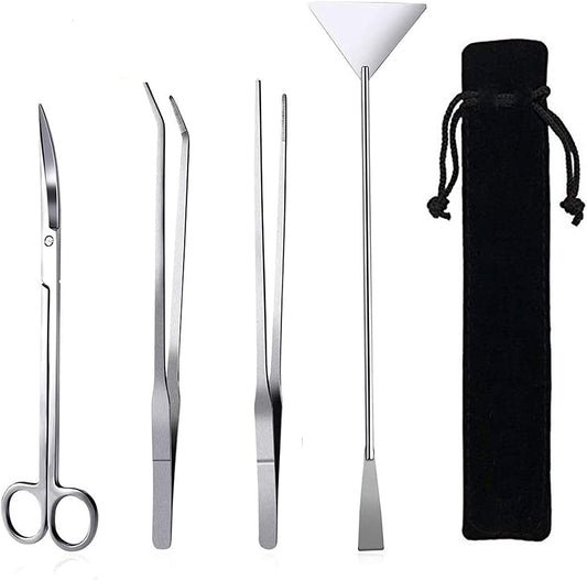 4-in-1 Stainless Steel Aquascaping Tool Set for Aquariums and Terrariums - Includes Long Tweezers, Scissors, and Spatula for Aquatic Plant Care