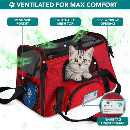Airline Approved Pet Carrier for Cats & Small Dogs, Small, Red | Soft Sided TSA Travel Bag, Sherpa Bed, Breathable Mesh Ventilation, Collapsible Bowl, Fits under Seat, up to 18 Lbs