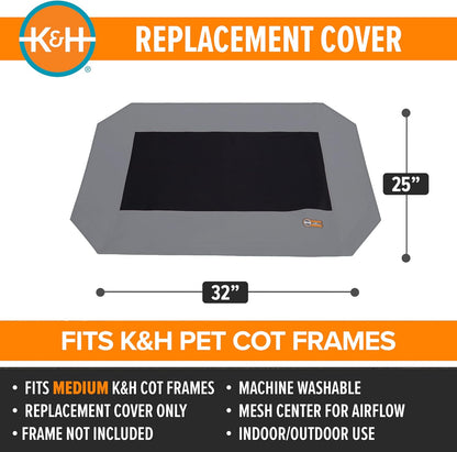 K&H Outdoor Elevated Dog Bed Pet Cot Replacement Cover, Medium 32X25In | Designed to Fit K&H Medium Pet Cots (Sold Separately), Indoor Outdoor Dog Bed, Breathable Mesh Center, Machine Washable, Gray