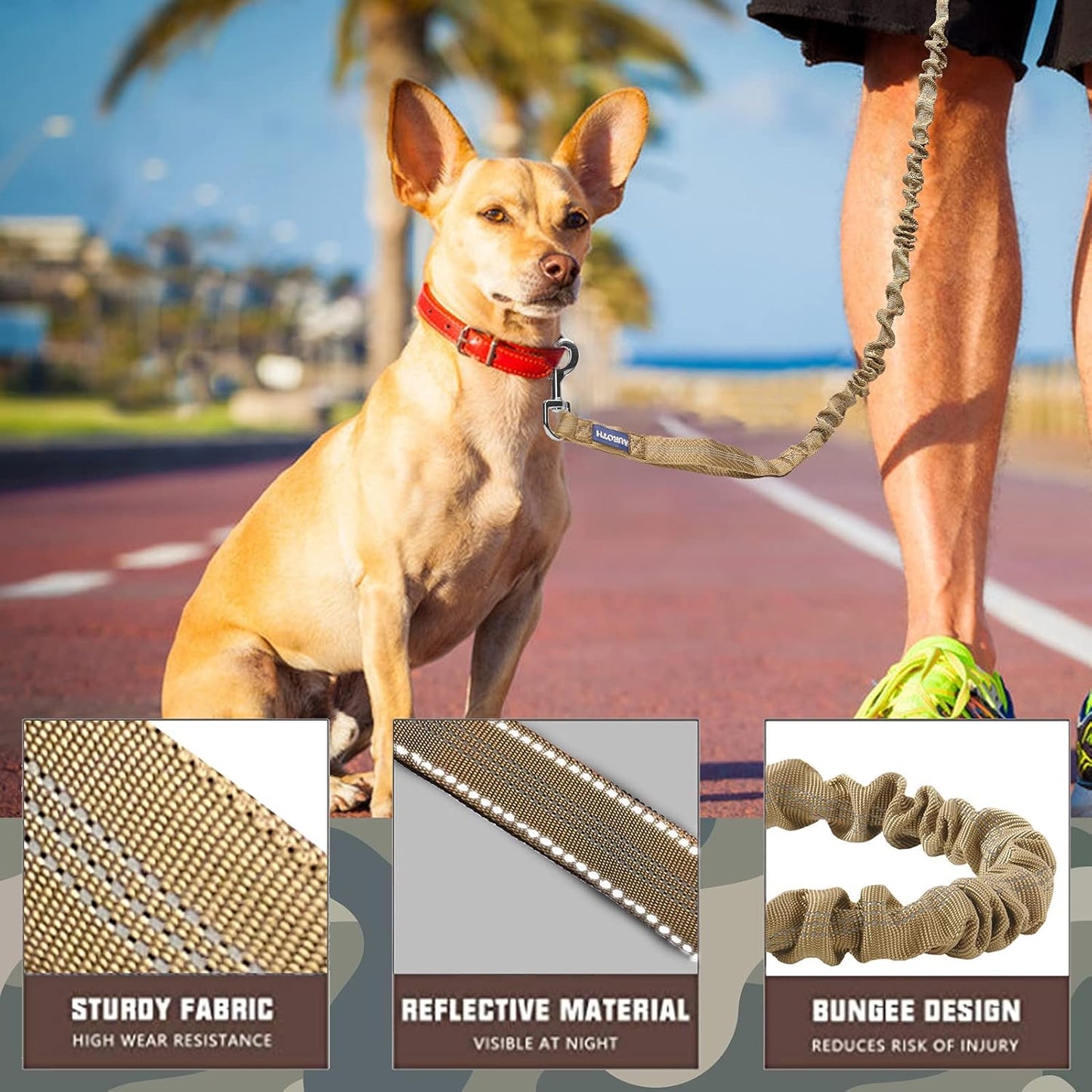 Heavy-Duty Bungee Dog Leash for Large Dogs - Shock Absorbing, No-Pull Design with Car Seat Belt, Supports Up to 660 lbs, Features 2 Padded Handles and Metal Frog Clip, 4.5FT, Army Yellow