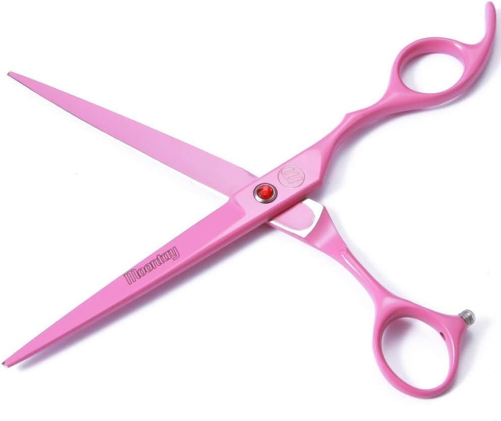 Professional 7-Inch Dog Grooming Scissors Set of 5 with Pet Comb and Carrying Bag | Includes Chunkers, Curved Shears, and Thinning Shears in Pink