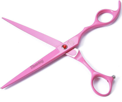 Professional 7-Inch Dog Grooming Scissors Set of 5 with Pet Comb and Carrying Bag | Includes Chunkers, Curved Shears, and Thinning Shears in Pink