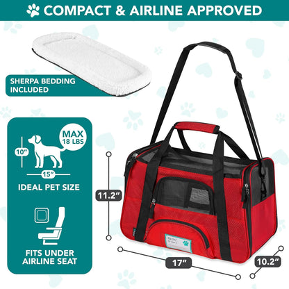 Airline Approved Pet Carrier for Cats & Small Dogs, Small, Red | Soft Sided TSA Travel Bag, Sherpa Bed, Breathable Mesh Ventilation, Collapsible Bowl, Fits under Seat, up to 18 Lbs