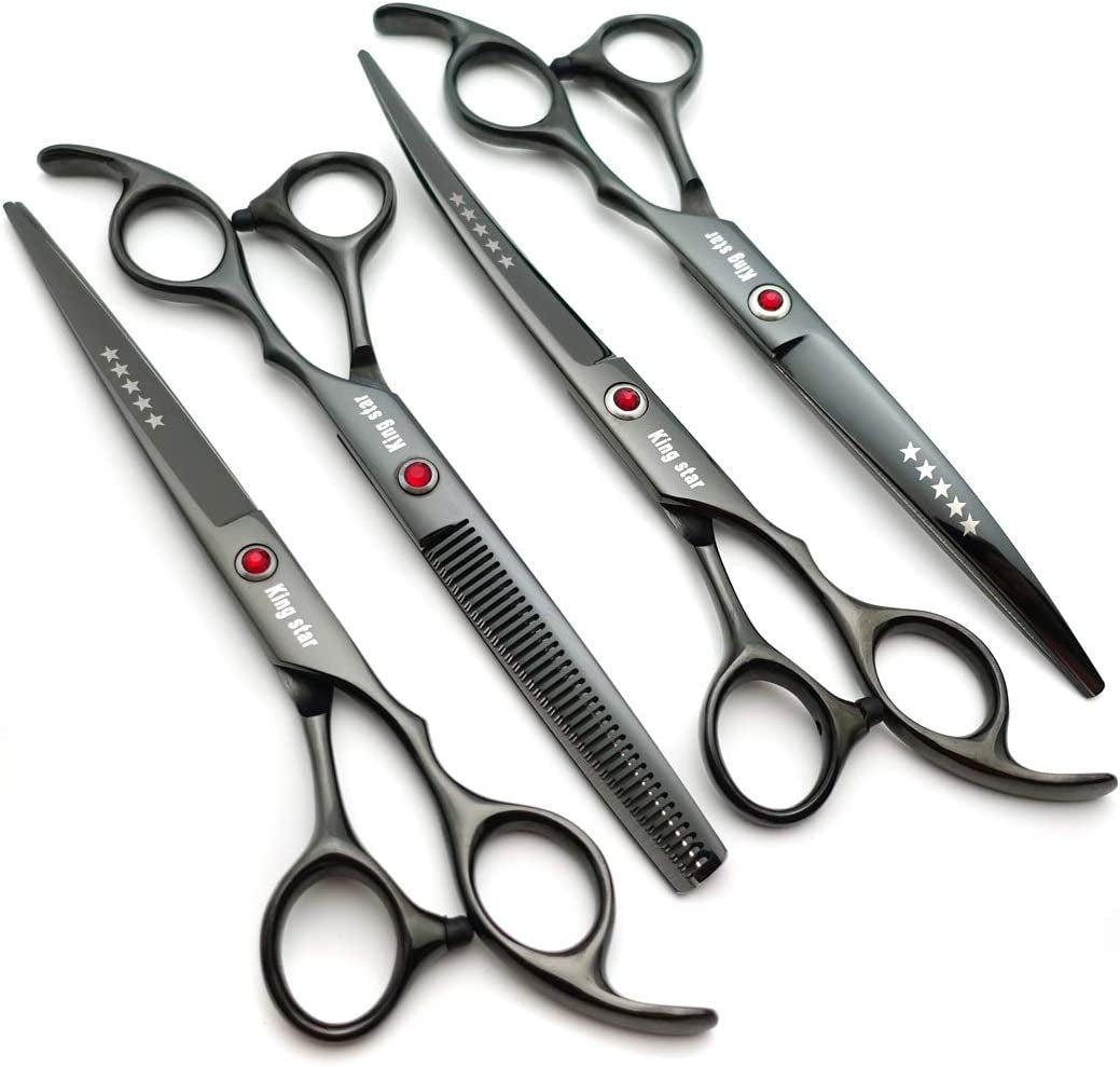 Professional 4-Piece Dog Grooming Scissors Set - 7-Inch Titanium Straight, Thinning, and Curved Scissors in Bright Black
