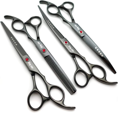 Professional 4-Piece Dog Grooming Scissors Set - 7-Inch Titanium Straight, Thinning, and Curved Scissors in Bright Black