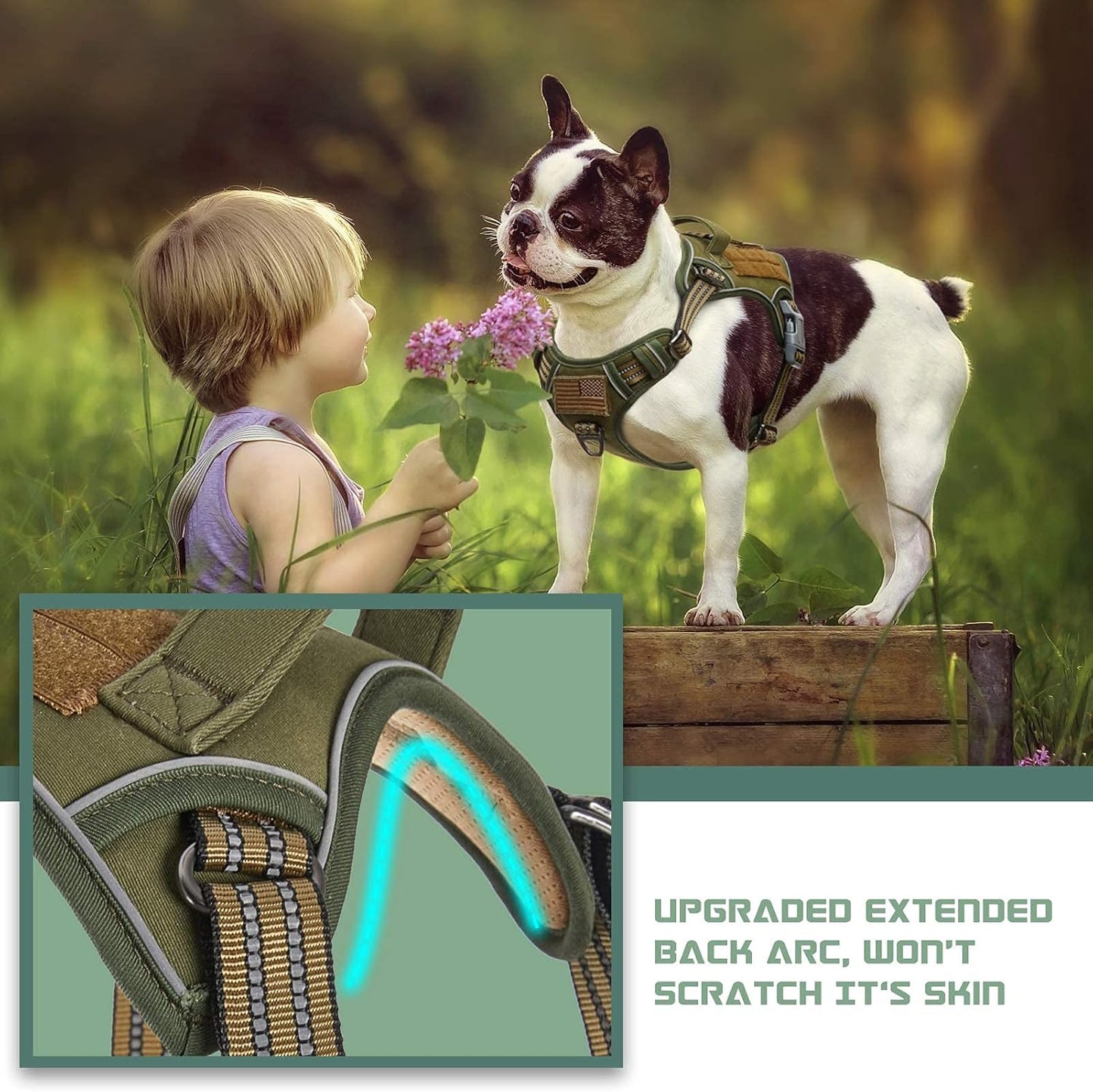 Tactical No-Pull Dog Harness for Medium Dogs - Adjustable Reflective Vest with Handle for Training and Walking, Green M