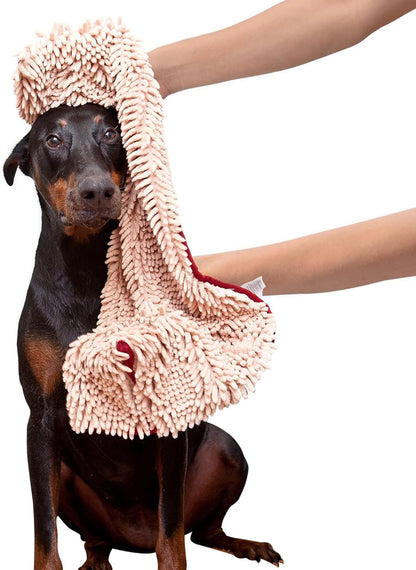 Soggy Doggy Super Shammy Absorbent Dog Towel - Beige, 31"x14" | Hand-Pocket Design, Noodle-Texture Chenille, Gentle on Paws & Skin, Ideal for Bath Time, Beach, and Muddy Walks, Quick-Dry