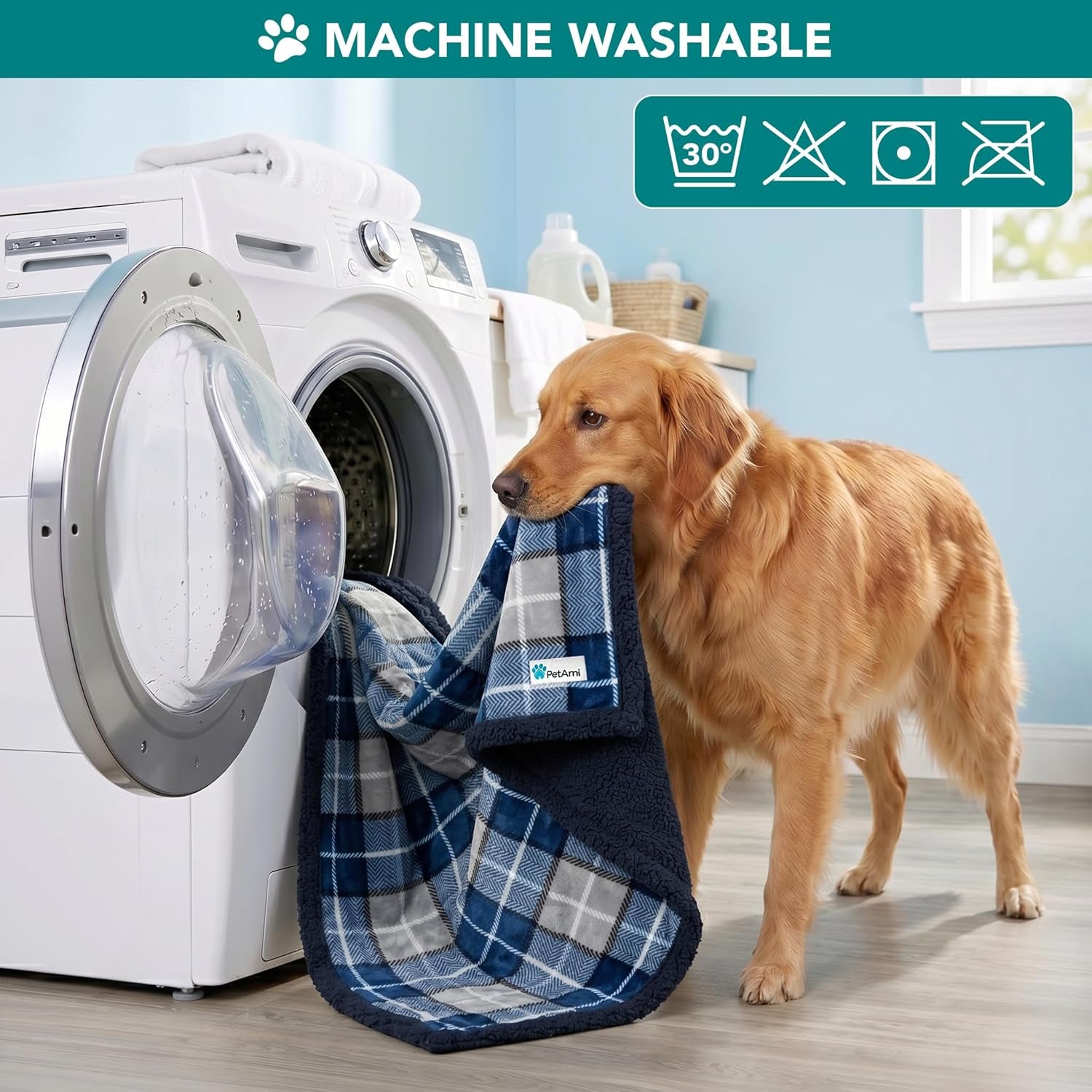 Dog Blanket for Medium Small Pet Cat Puppie, 60X40, Plaid Navy Blue | 460 GSM, Soft Sherpa Fleece Throw, Reversible Plush Couch Cover Protector Crate Carrier Sofa Bed Car Seat, Machine Washable