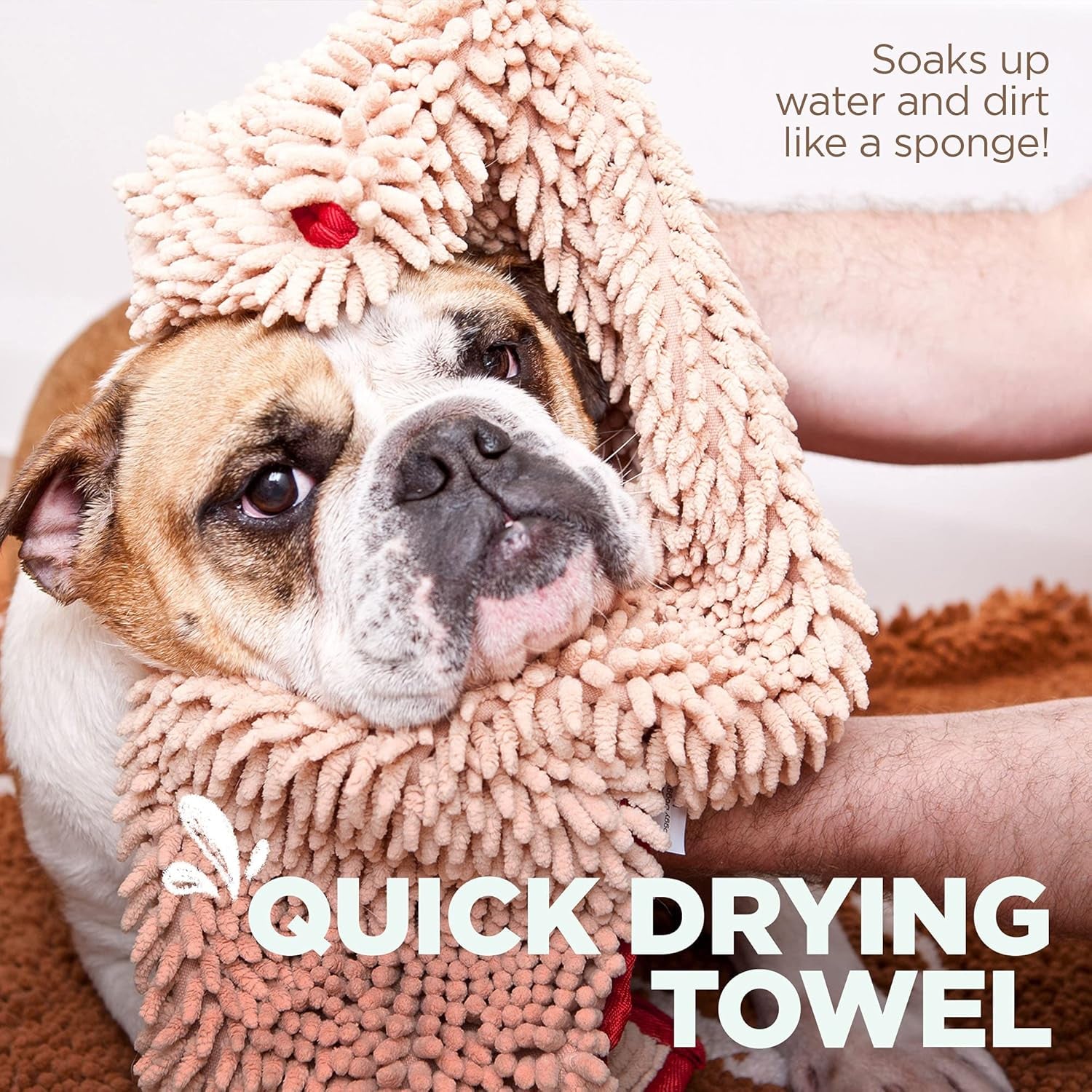 Soggy Doggy Super Shammy Absorbent Dog Towel - Beige, 31"x14" | Hand-Pocket Design, Noodle-Texture Chenille, Gentle on Paws & Skin, Ideal for Bath Time, Beach, and Muddy Walks, Quick-Dry