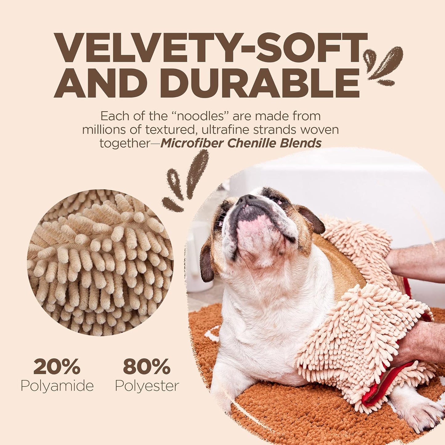 Soggy Doggy Super Shammy Absorbent Dog Towel - Beige, 31"x14" | Hand-Pocket Design, Noodle-Texture Chenille, Gentle on Paws & Skin, Ideal for Bath Time, Beach, and Muddy Walks, Quick-Dry