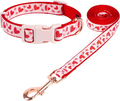 Valentine'S Day Dog Collar and Leash Set, Adjustable Pink Dog Collar with Glittery Pink Heart Pattern Matching Leash Valentines Day Gift for Small Dogs