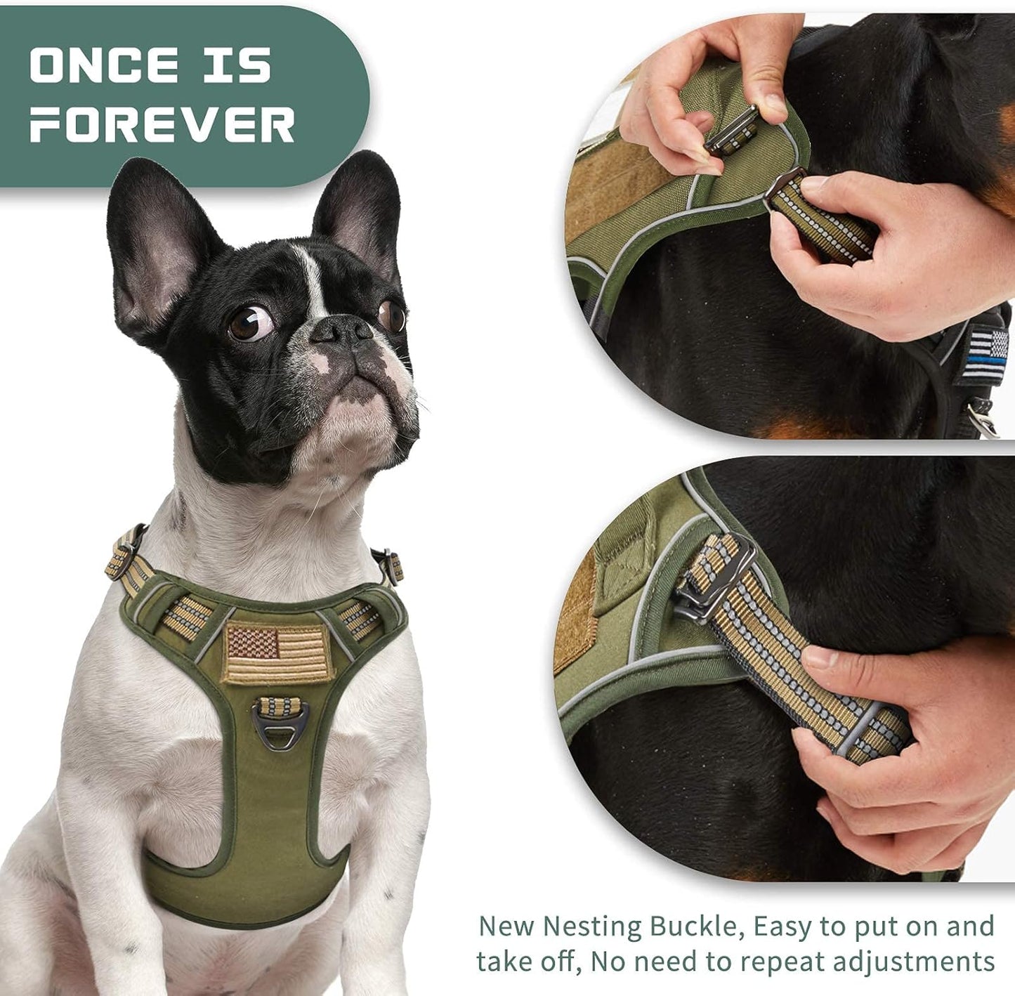 Tactical No-Pull Dog Harness for Medium Dogs - Adjustable Reflective Vest with Handle for Training and Walking, Green M