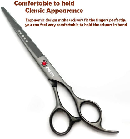 Professional 4-Piece Dog Grooming Scissors Set - 7-Inch Titanium Straight, Thinning, and Curved Scissors in Bright Black