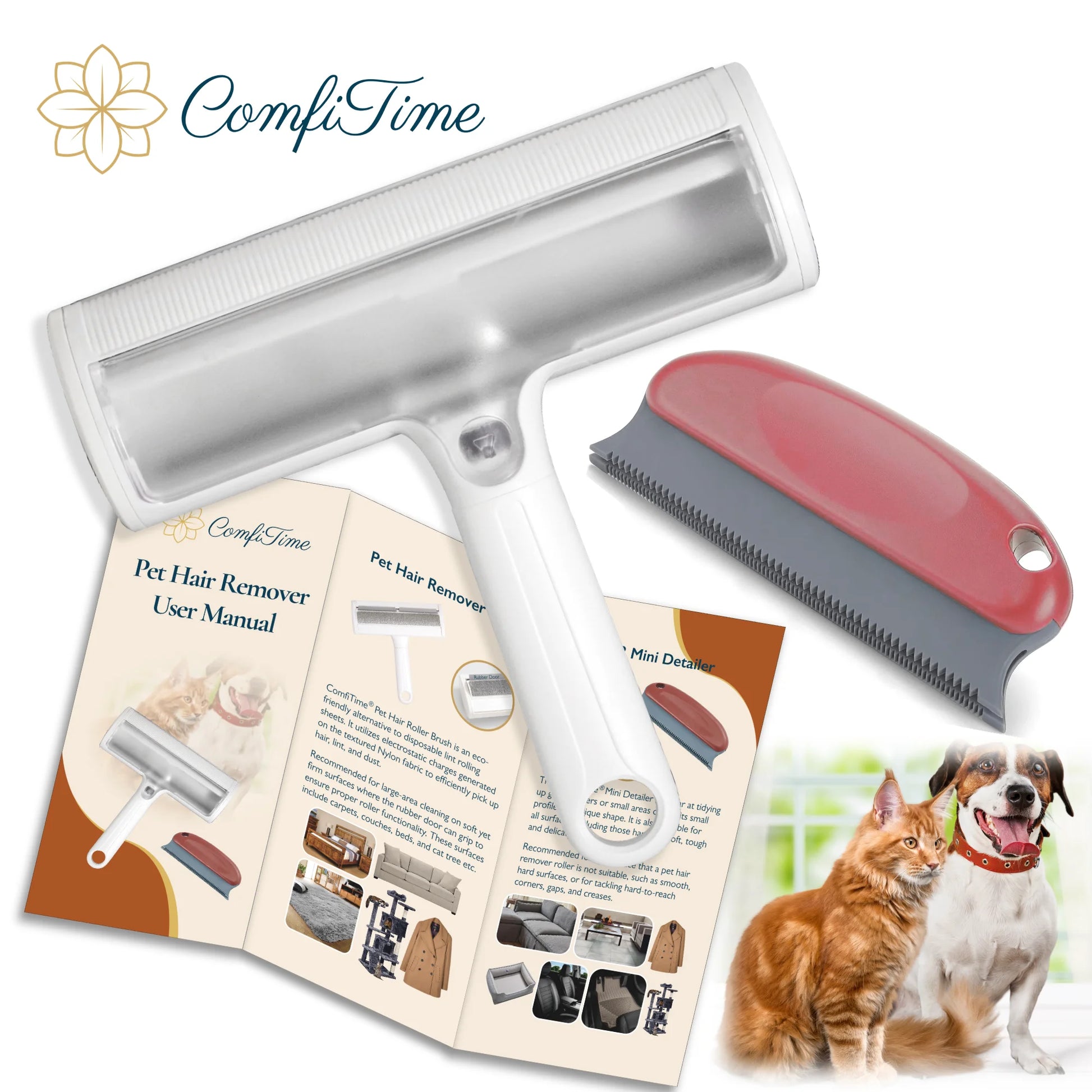 Pet Hair Removal Set - Reusable Lint Roller and Detailer for Efficient Fur Removal from Furniture, Carpets, Clothing, and Vehicles