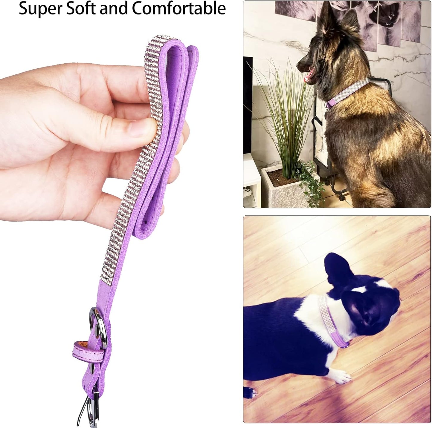Luxury Rhinestone Dog Collar - Soft Velvet Leather Cat Collar with Adjustable Bling Design for Small, Medium, and Large Pets (Purple, XXS)