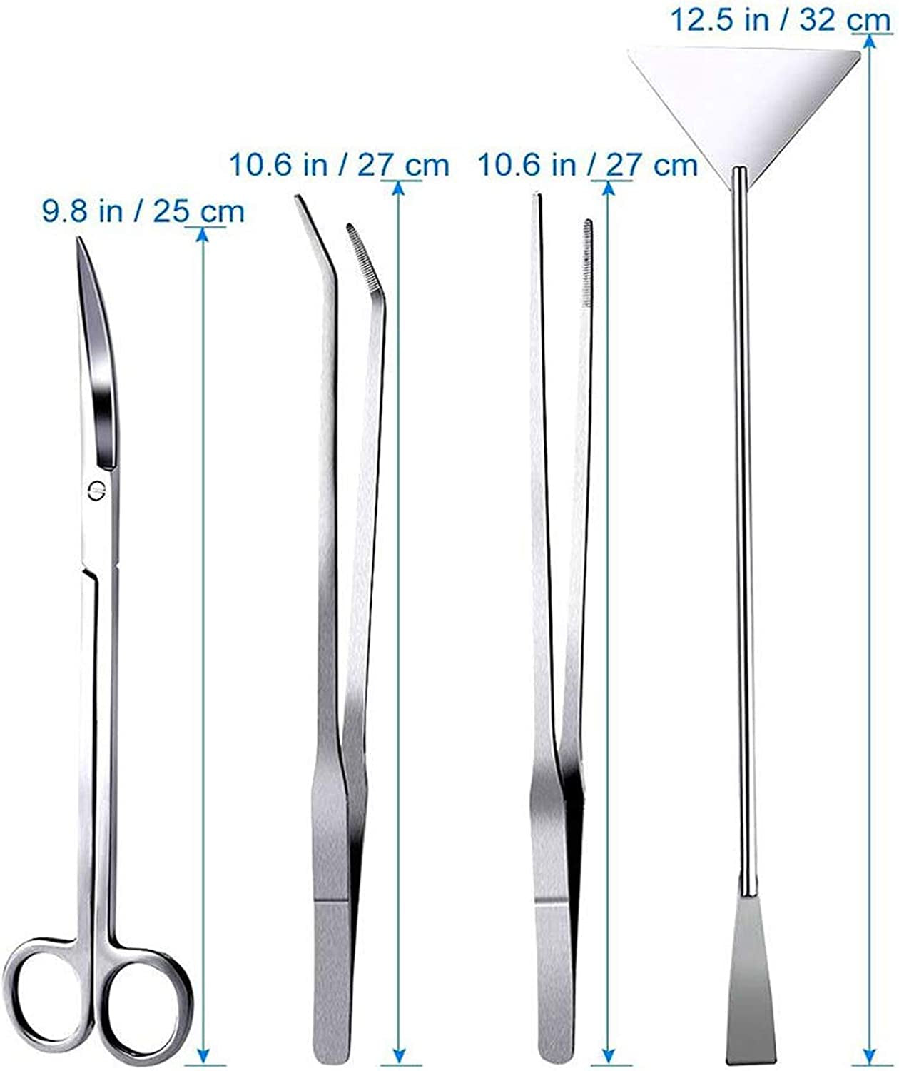 4-in-1 Stainless Steel Aquascaping Tool Set for Aquariums and Terrariums - Includes Long Tweezers, Scissors, and Spatula for Aquatic Plant Care