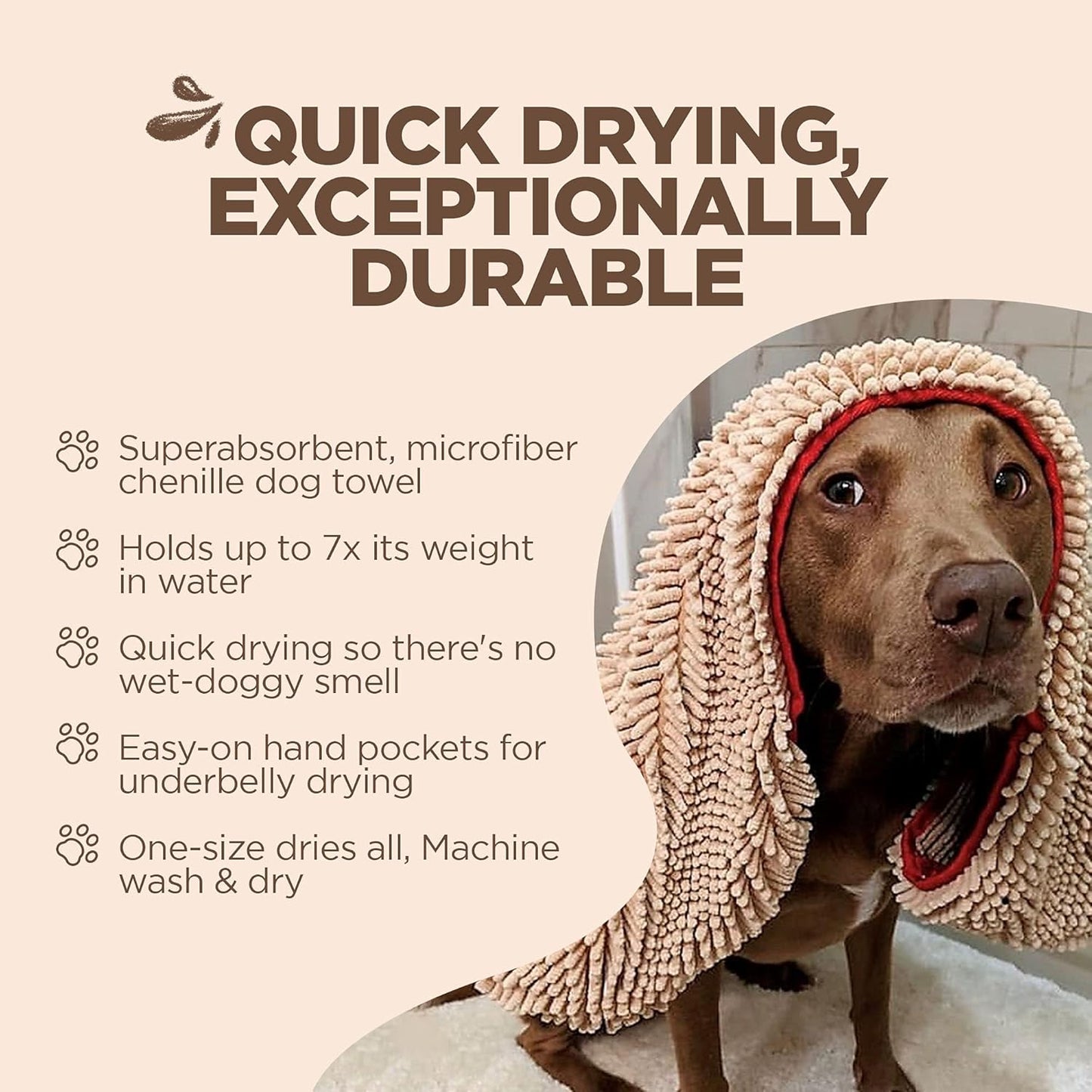 Soggy Doggy Super Shammy Absorbent Dog Towel - Beige, 31"x14" | Hand-Pocket Design, Noodle-Texture Chenille, Gentle on Paws & Skin, Ideal for Bath Time, Beach, and Muddy Walks, Quick-Dry