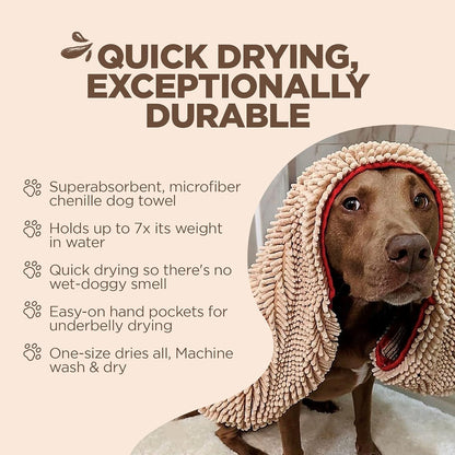 Soggy Doggy Super Shammy Absorbent Dog Towel - Beige, 31"x14" | Hand-Pocket Design, Noodle-Texture Chenille, Gentle on Paws & Skin, Ideal for Bath Time, Beach, and Muddy Walks, Quick-Dry