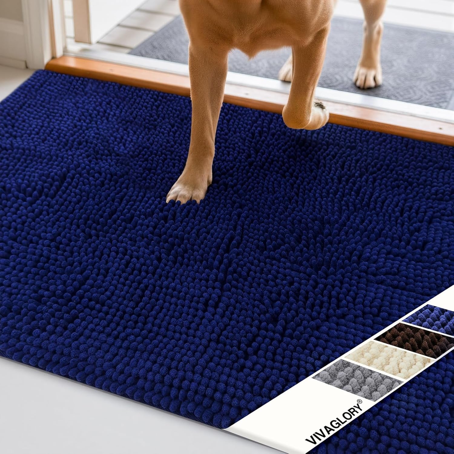 Absorpmax Dog Door Mat for Muddy Paws, 31" x 20", Navy Blue | Non-Slip Indoor & Outdoor Mud Rug, Washable Soft Chenille, Waterproof