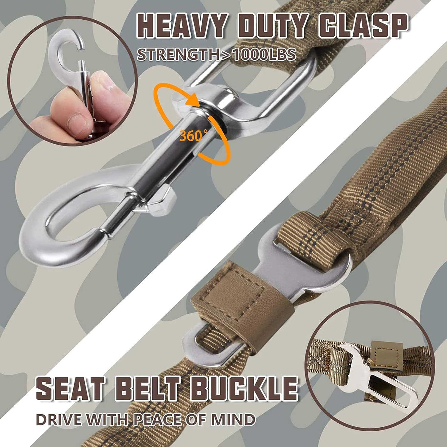Heavy-Duty Bungee Dog Leash for Large Dogs - Shock Absorbing, No-Pull Design with Car Seat Belt, Supports Up to 660 lbs, Features 2 Padded Handles and Metal Frog Clip, 4.5FT, Army Yellow