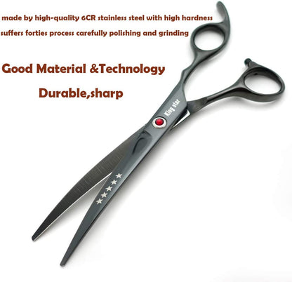 Professional 4-Piece Dog Grooming Scissors Set - 7-Inch Titanium Straight, Thinning, and Curved Scissors in Bright Black