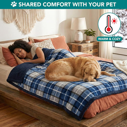 Dog Blanket for Medium Small Pet Cat Puppie, 60X40, Plaid Navy Blue | 460 GSM, Soft Sherpa Fleece Throw, Reversible Plush Couch Cover Protector Crate Carrier Sofa Bed Car Seat, Machine Washable
