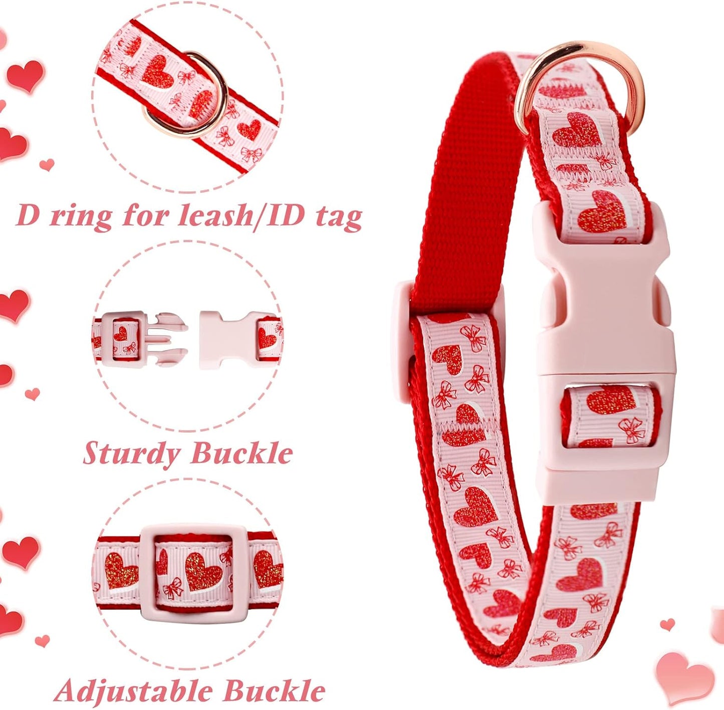 Valentine'S Day Dog Collar and Leash Set, Adjustable Pink Dog Collar with Glittery Pink Heart Pattern Matching Leash Valentines Day Gift for Small Dogs