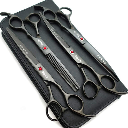 Professional 4-Piece Dog Grooming Scissors Set - 7-Inch Titanium Straight, Thinning, and Curved Scissors in Bright Black