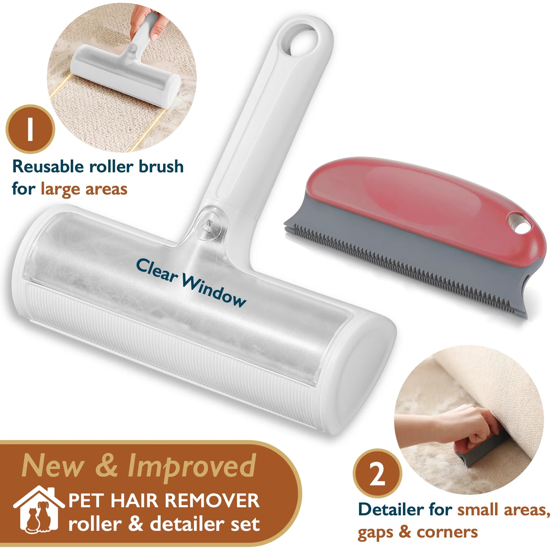 Pet Hair Removal Set - Reusable Lint Roller and Detailer for Efficient Fur Removal from Furniture, Carpets, Clothing, and Vehicles