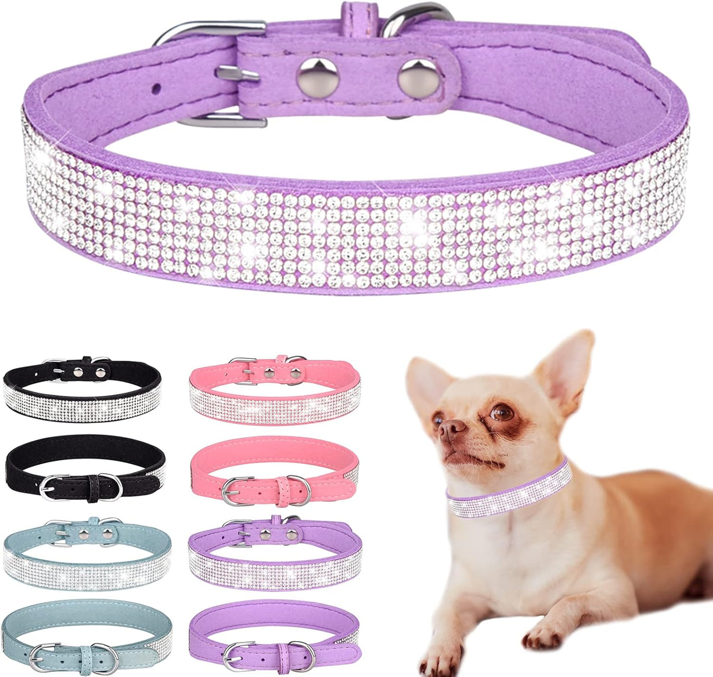 Luxury Rhinestone Dog Collar - Soft Velvet Leather Cat Collar with Adjustable Bling Design for Small, Medium, and Large Pets (Purple, XXS)