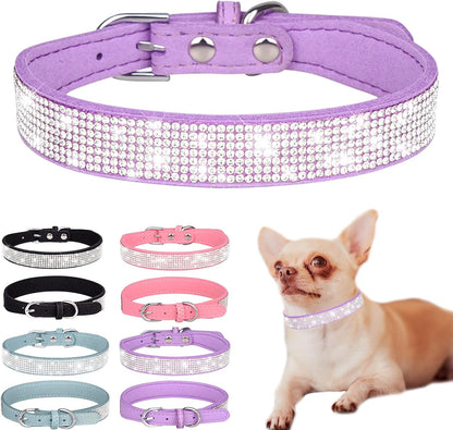 Luxury Rhinestone Dog Collar - Soft Velvet Leather Cat Collar with Adjustable Bling Design for Small, Medium, and Large Pets (Purple, XXS)