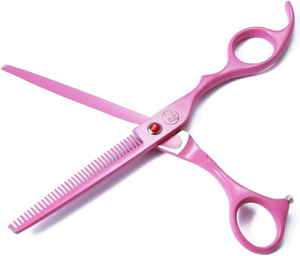 Professional 7-Inch Dog Grooming Scissors Set of 5 with Pet Comb and Carrying Bag | Includes Chunkers, Curved Shears, and Thinning Shears in Pink