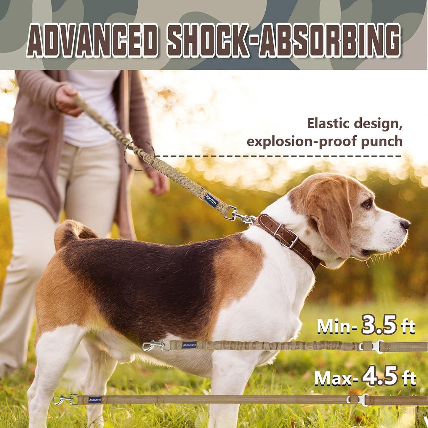 Heavy-Duty Bungee Dog Leash for Large Dogs - Shock Absorbing, No-Pull Design with Car Seat Belt, Supports Up to 660 lbs, Features 2 Padded Handles and Metal Frog Clip, 4.5FT, Army Yellow