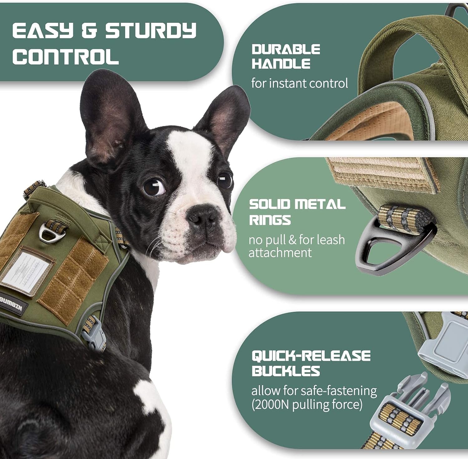 Tactical No-Pull Dog Harness for Medium Dogs - Adjustable Reflective Vest with Handle for Training and Walking, Green M