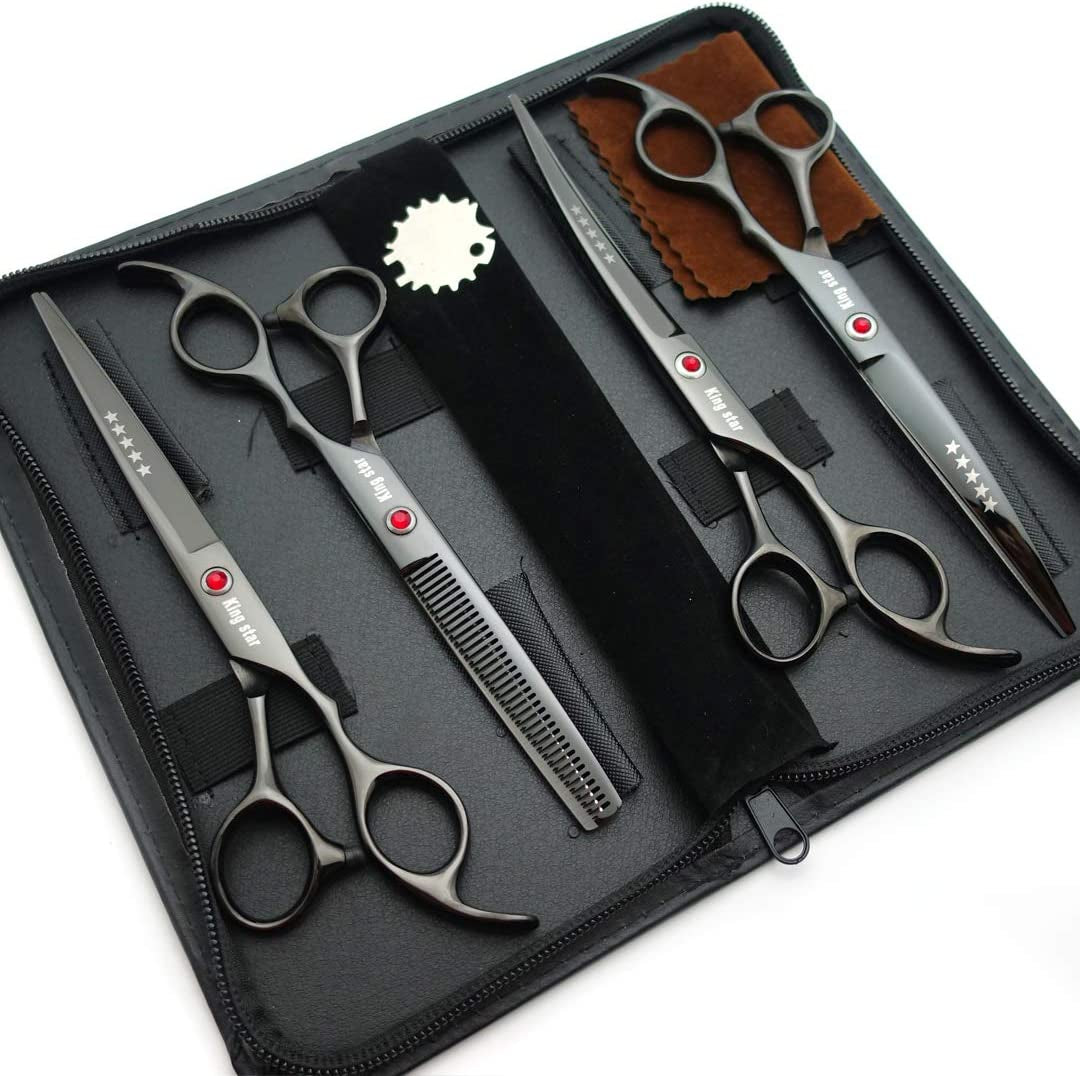 Professional 4-Piece Dog Grooming Scissors Set - 7-Inch Titanium Straight, Thinning, and Curved Scissors in Bright Black