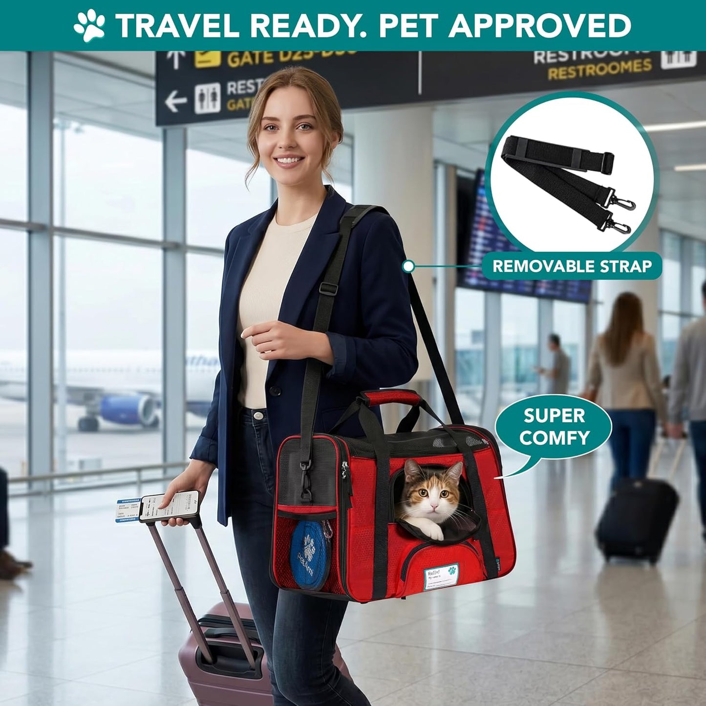 Airline Approved Pet Carrier for Cats & Small Dogs, Small, Red | Soft Sided TSA Travel Bag, Sherpa Bed, Breathable Mesh Ventilation, Collapsible Bowl, Fits under Seat, up to 18 Lbs