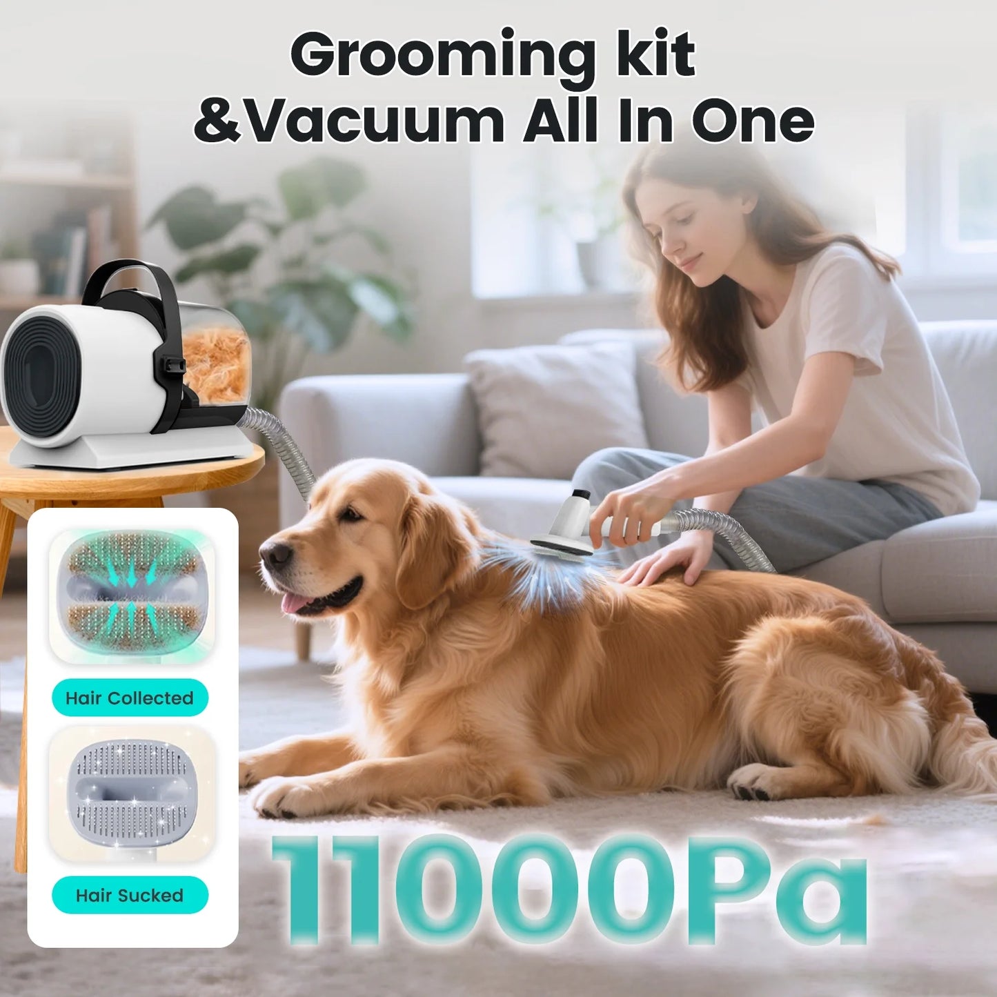 7-in-1 Dog Grooming Vacuum Kit with 11,000Pa Suction Power for Efficient Pet Hair Removal, Low Noise Operation