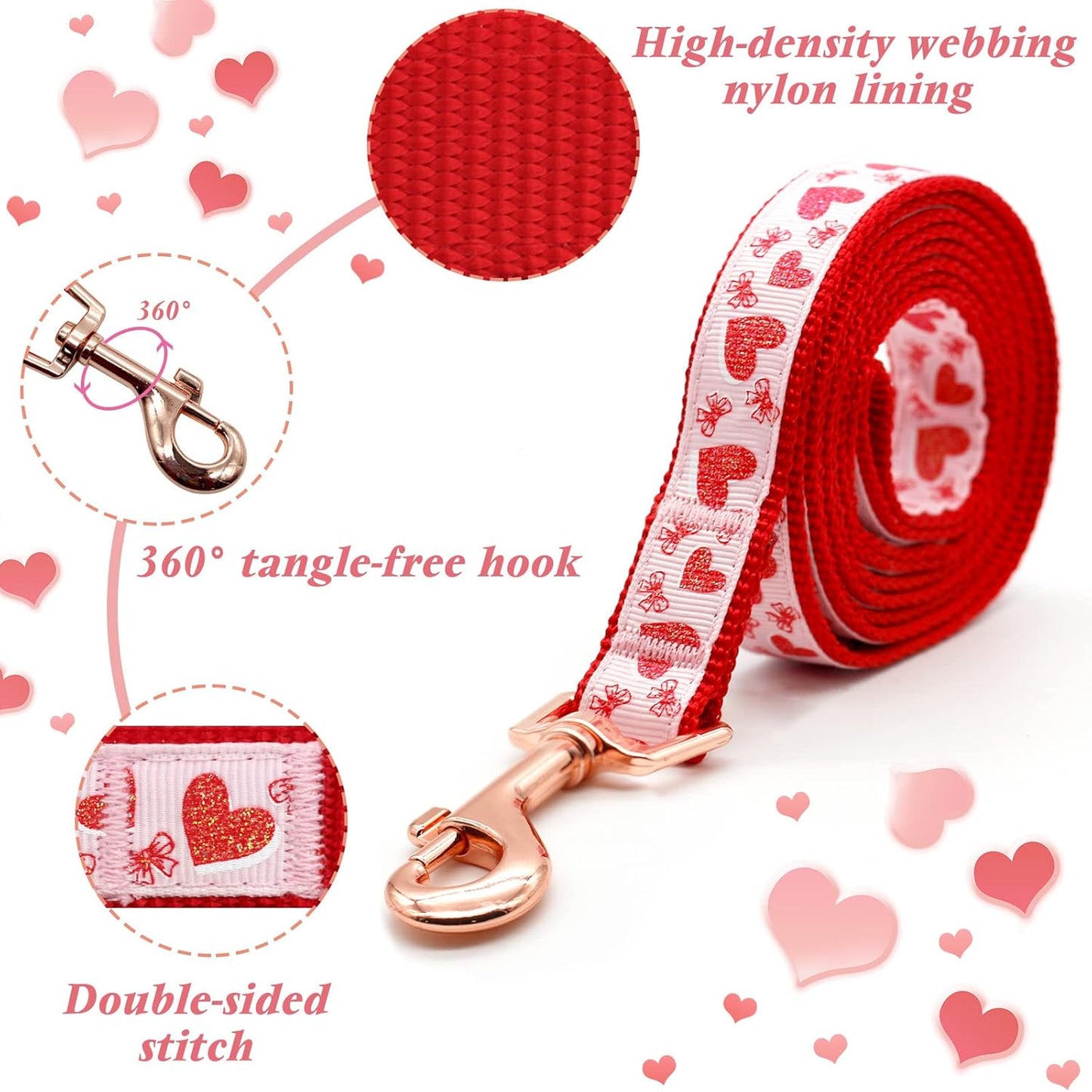 Valentine'S Day Dog Collar and Leash Set, Adjustable Pink Dog Collar with Glittery Pink Heart Pattern Matching Leash Valentines Day Gift for Small Dogs
