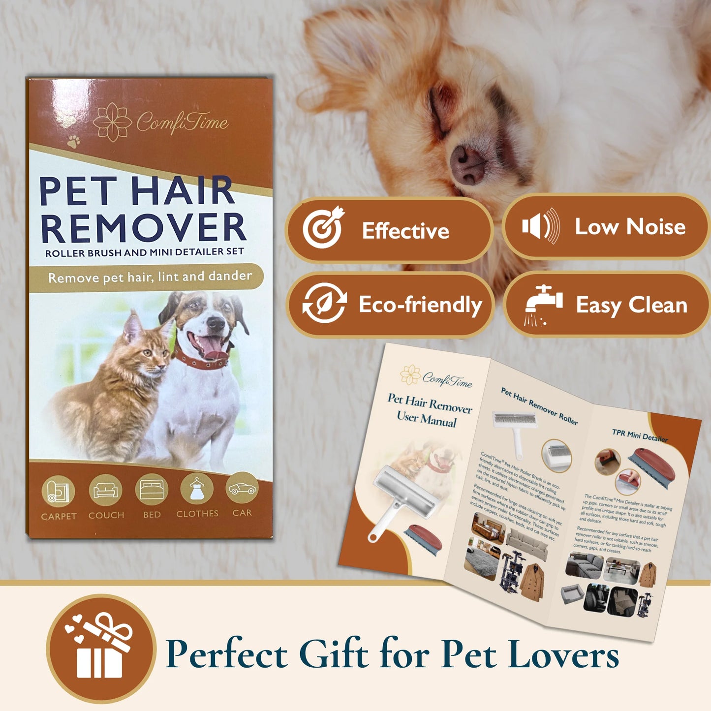 Pet Hair Removal Set - Reusable Lint Roller and Detailer for Efficient Fur Removal from Furniture, Carpets, Clothing, and Vehicles