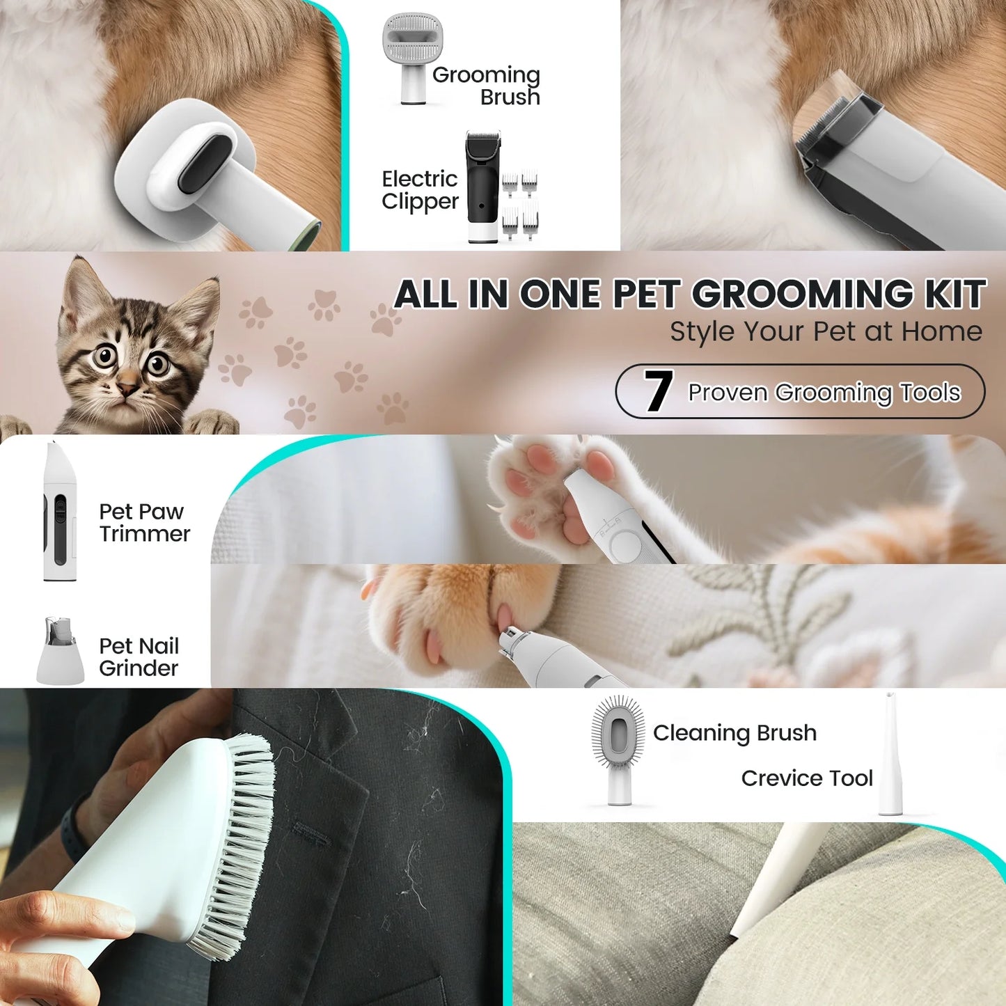 7-in-1 Dog Grooming Vacuum Kit with 11,000Pa Suction Power for Efficient Pet Hair Removal, Low Noise Operation