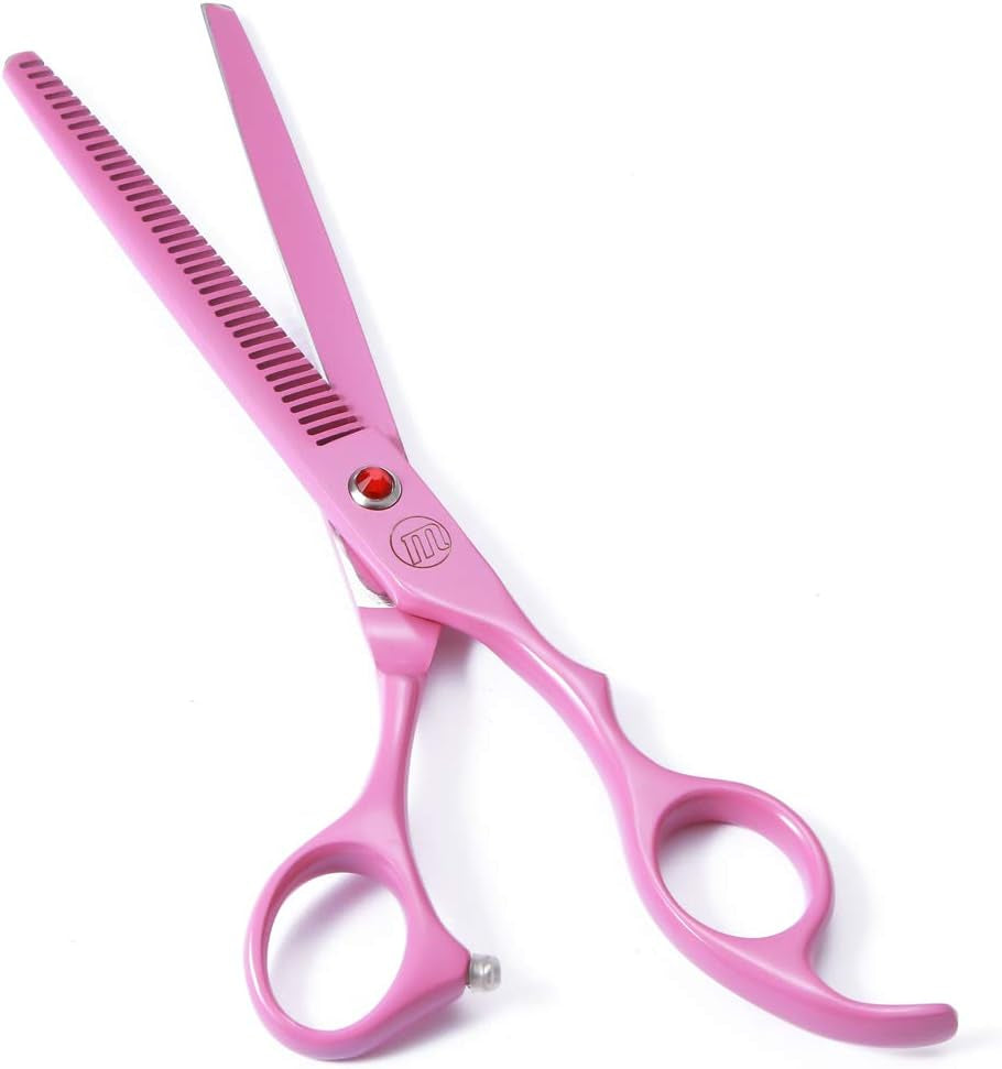 Professional 7-Inch Dog Grooming Scissors Set of 5 with Pet Comb and Carrying Bag | Includes Chunkers, Curved Shears, and Thinning Shears in Pink