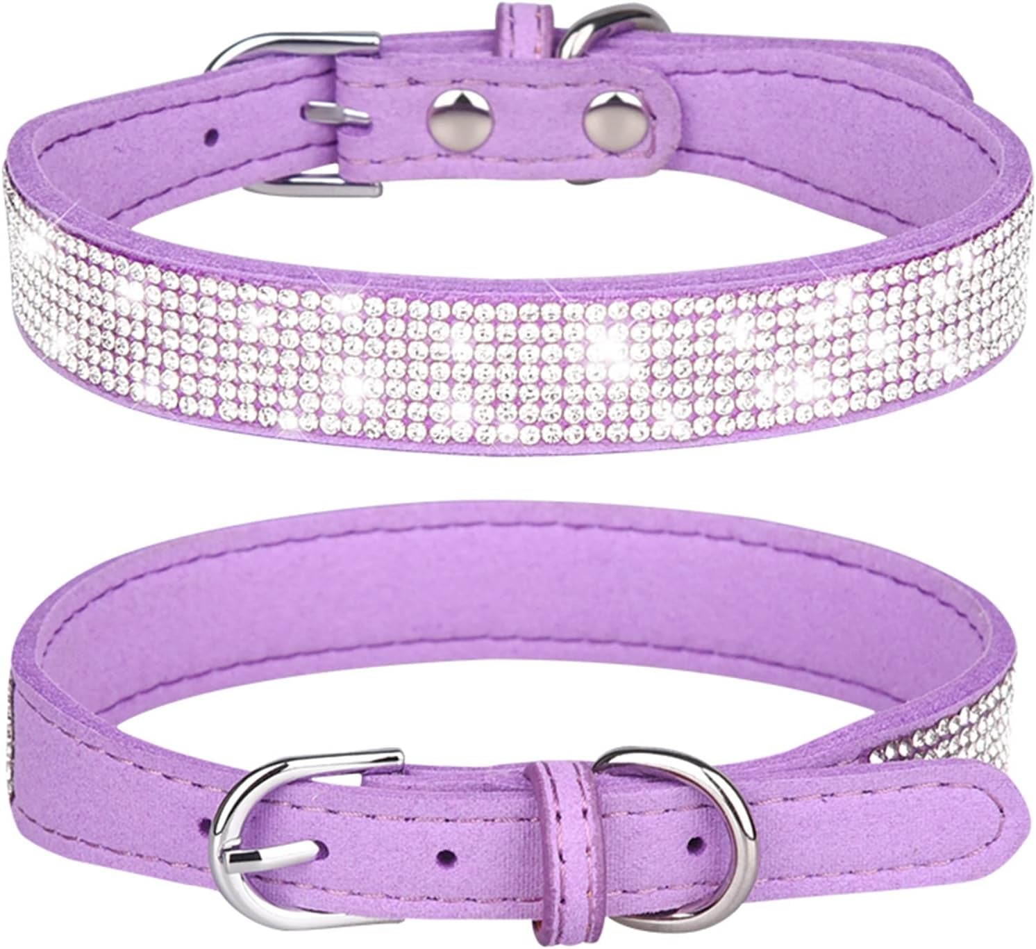 Luxury Rhinestone Dog Collar - Soft Velvet Leather Cat Collar with Adjustable Bling Design for Small, Medium, and Large Pets (Purple, XXS)