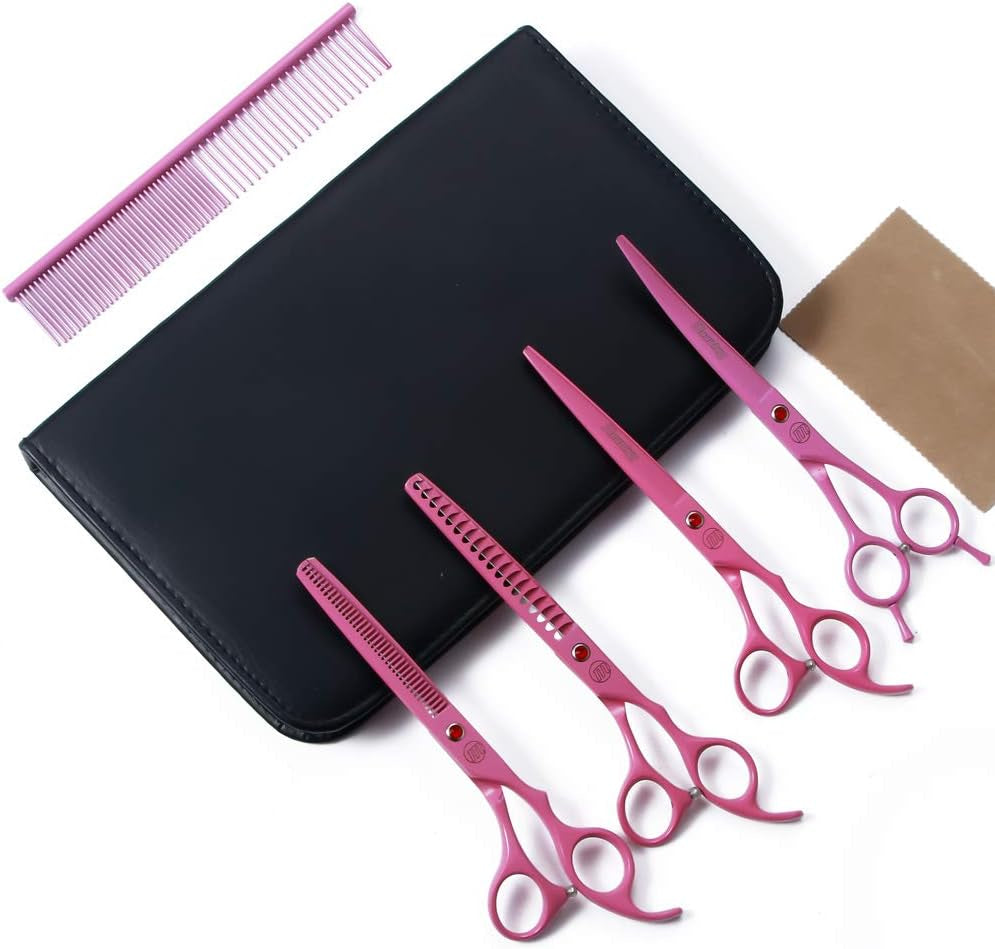 Professional 7-Inch Dog Grooming Scissors Set of 5 with Pet Comb and Carrying Bag | Includes Chunkers, Curved Shears, and Thinning Shears in Pink