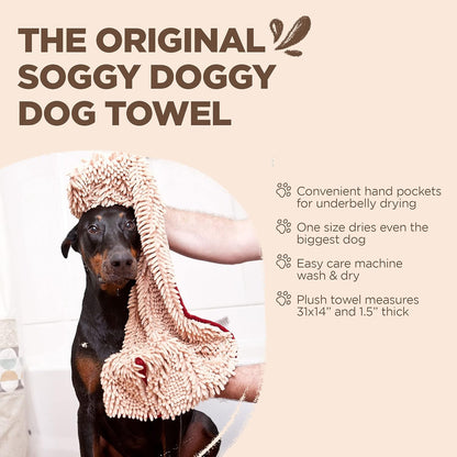 Soggy Doggy Super Shammy Absorbent Dog Towel - Beige, 31"x14" | Hand-Pocket Design, Noodle-Texture Chenille, Gentle on Paws & Skin, Ideal for Bath Time, Beach, and Muddy Walks, Quick-Dry